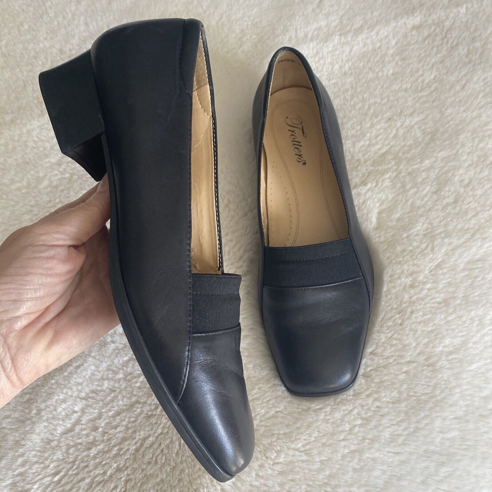 Trotters Black Leather Square Toe Block Heel Loafers T6008-001 Womens 7.5 M
